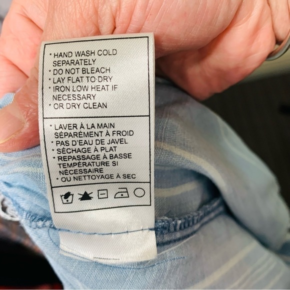 BB Dakota Midi Dress L Chambray Blue White Stripes Tencel Prairie Ruffle Hem - Picture 9 of 11